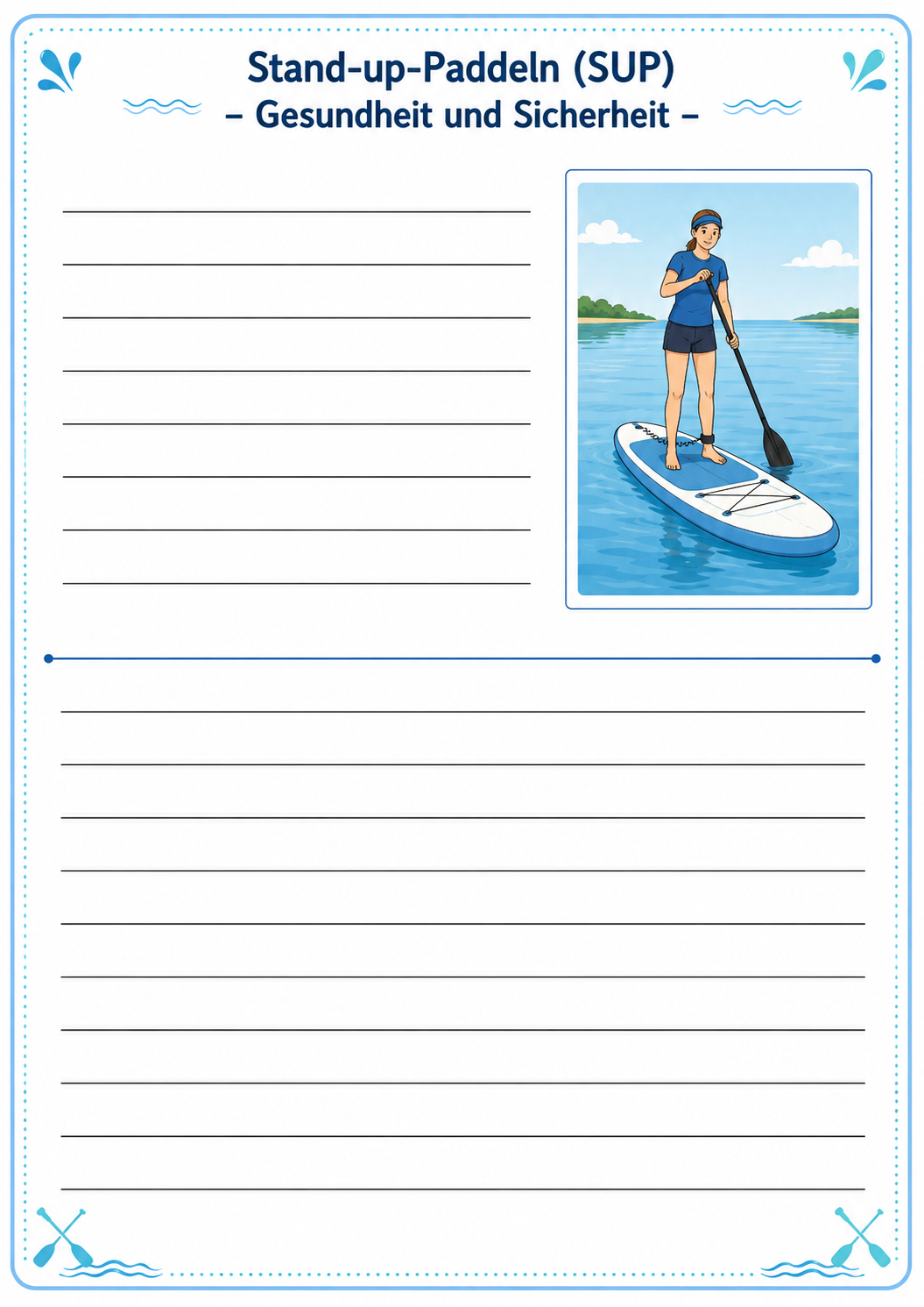 Arbeitsblatt zum Stand-up-Paddeln mit Illustration einer Person auf dem SUP-Board auf dem Wasser